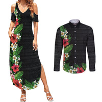 Hawaii Tropical Flowers and Leaves Couples Matching Summer Maxi Dress and Long Sleeve Button Shirt Tapa Pattern Colorful Mode