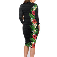 Hawaii Tropical Flowers and Leaves Family Matching Long Sleeve Bodycon Dress and Hawaiian Shirt Tapa Pattern Colorful Mode