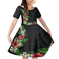 Hawaii Tropical Flowers and Leaves Family Matching Mermaid Dress and Hawaiian Shirt Tapa Pattern Colorful Mode LT03 Daughter's Dress Black - Polynesian Pride