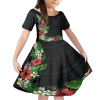 Hawaii Tropical Flowers and Leaves Family Matching Puletasi and Hawaiian Shirt Tapa Pattern Colorful Mode LT03 Daughter's Dress Black - Polynesian Pride