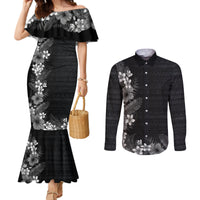 Hawaii Tropical Flowers and Leaves Couples Matching Mermaid Dress and Long Sleeve Button Shirt Tapa Pattern Grayscale Mode