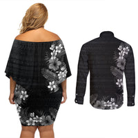 Hawaii Tropical Flowers and Leaves Couples Matching Off Shoulder Short Dress and Long Sleeve Button Shirt Tapa Pattern Grayscale Mode