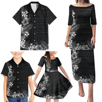 Hawaii Tropical Flowers and Leaves Family Matching Puletasi and Hawaiian Shirt Tapa Pattern Grayscale Mode LT03 - Polynesian Pride