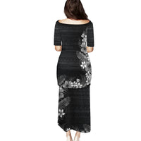 Hawaii Tropical Flowers and Leaves Family Matching Puletasi and Hawaiian Shirt Tapa Pattern Grayscale Mode LT03 - Polynesian Pride