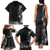 Hawaii Tropical Flowers and Leaves Family Matching Tank Maxi Dress and Hawaiian Shirt Tapa Pattern Grayscale Mode