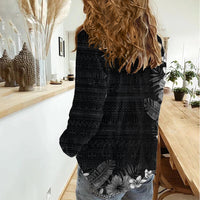 Hawaii Tropical Flowers and Leaves Women Casual Shirt Tapa Pattern Grayscale Mode