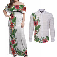 Hawaii Tropical Flowers and Leaves Couples Matching Off Shoulder Maxi Dress and Long Sleeve Button Shirt Tapa Pattern White Mode