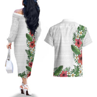 Hawaii Tropical Flowers and Leaves Couples Matching Off The Shoulder Long Sleeve Dress and Hawaiian Shirt Tapa Pattern White Mode