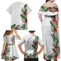 Hawaii Tropical Flowers and Leaves Family Matching Off Shoulder Maxi Dress and Hawaiian Shirt Tapa Pattern White Mode LT03 - Polynesian Pride