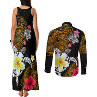 Hawaii Turtle and Tropical Flower Couples Matching Tank Maxi Dress and Long Sleeve Button Shirt Polynesian Pattern