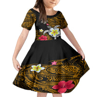 Hawaii Turtle and Tropical Flower Family Matching Off The Shoulder Long Sleeve Dress and Hawaiian Shirt Polynesian Pattern