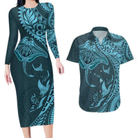 Hawaiian Manta Ray and Polynesian Tribal Tattoo Couples Matching Long Sleeve Bodycon Dress and Hawaiian Shirt Turquoise Color LT03 Turquoise - Polynesian Pride