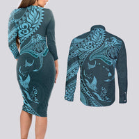 Hawaiian Manta Ray and Polynesian Tribal Tattoo Couples Matching Long Sleeve Bodycon Dress and Long Sleeve Button Shirt Turquoise Color LT03
