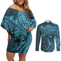 Hawaiian Manta Ray and Polynesian Tribal Tattoo Couples Matching Off Shoulder Short Dress and Long Sleeve Button Shirt Turquoise Color LT03