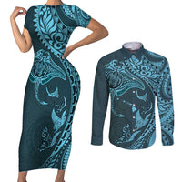 Hawaiian Manta Ray and Polynesian Tribal Tattoo Couples Matching Short Sleeve Bodycon Dress and Long Sleeve Button Shirt Turquoise Color LT03