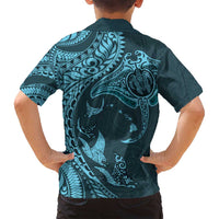 Hawaiian Manta Ray and Polynesian Tribal Tattoo Family Matching Long Sleeve Bodycon Dress and Hawaiian Shirt Turquoise Color LT03