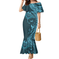 Hawaiian Manta Ray and Polynesian Tribal Tattoo Family Matching Mermaid Dress and Hawaiian Shirt Turquoise Color LT03 Mom's Dress Turquoise - Polynesian Pride