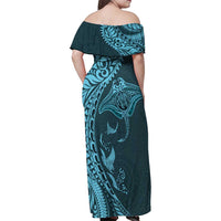 Hawaiian Manta Ray and Polynesian Tribal Tattoo Family Matching Off Shoulder Maxi Dress and Hawaiian Shirt Turquoise Color LT03 - Polynesian Pride