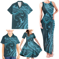 Hawaiian Manta Ray and Polynesian Tribal Tattoo Family Matching Tank Maxi Dress and Hawaiian Shirt Turquoise Color LT03 - Polynesian Pride