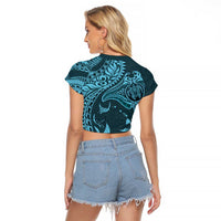 Hawaiian Manta Ray and Polynesian Tribal Tattoo Raglan Cropped T Shirt Turquoise Color LT03 - Polynesian Pride