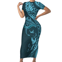 Hawaiian Manta Ray and Polynesian Tribal Tattoo Short Sleeve Bodycon Dress Turquoise Color LT03 Long Dress Turquoise - Polynesian Pride