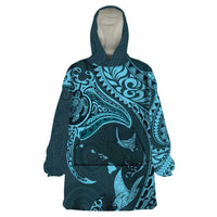 Hawaiian Manta Ray and Polynesian Tribal Tattoo Wearable Blanket Hoodie Turquoise Color LT03 One Size Turquoise - Polynesian Pride