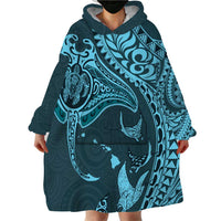 Hawaiian Manta Ray and Polynesian Tribal Tattoo Wearable Blanket Hoodie Turquoise Color LT03 - Polynesian Pride