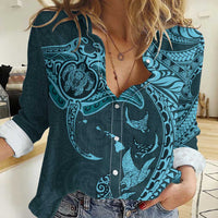 Hawaiian Manta Ray and Polynesian Tribal Tattoo Women Casual Shirt Turquoise Color LT03 Female Turquoise - Polynesian Pride
