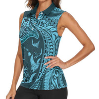 Hawaiian Manta Ray and Polynesian Tribal Tattoo Women Sleeveless Polo Shirt Turquoise Color LT03 - Polynesian Pride