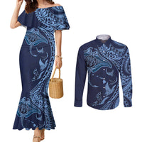 Hawaiian Manta Ray and Polynesian Tribal Tattoo Couples Matching Mermaid Dress and Long Sleeve Button Shirt Dark Navy Color LT03