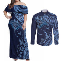 Hawaiian Manta Ray and Polynesian Tribal Tattoo Couples Matching Off Shoulder Maxi Dress and Long Sleeve Button Shirt Dark Navy Color LT03