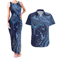 Hawaiian Manta Ray and Polynesian Tribal Tattoo Couples Matching Tank Maxi Dress and Hawaiian Shirt Dark Navy Color LT03