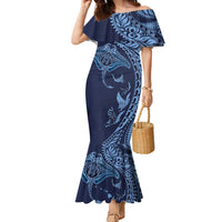 Hawaiian Manta Ray and Polynesian Tribal Tattoo Family Matching Mermaid Dress and Hawaiian Shirt Dark Navy Color LT03 Mom's Dress Dark Navy - Polynesian Pride
