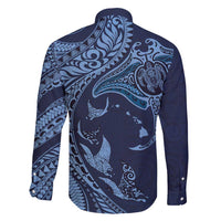 Hawaiian Manta Ray and Polynesian Tribal Tattoo Family Matching Off Shoulder Maxi Dress and Hawaiian Shirt Dark Navy Color LT03 - Polynesian Pride