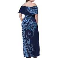Hawaiian Manta Ray and Polynesian Tribal Tattoo Family Matching Off Shoulder Maxi Dress and Hawaiian Shirt Dark Navy Color LT03 - Polynesian Pride