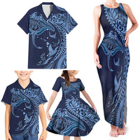 Hawaiian Manta Ray and Polynesian Tribal Tattoo Family Matching Tank Maxi Dress and Hawaiian Shirt Dark Navy Color LT03