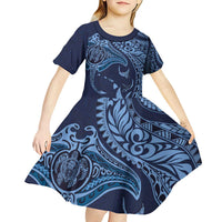 Hawaiian Manta Ray and Polynesian Tribal Tattoo Kid Short Sleeve Dress Dark Navy Color LT03 - Polynesian Pride
