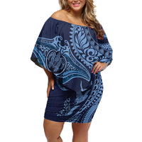 Hawaiian Manta Ray and Polynesian Tribal Tattoo Off Shoulder Short Dress Dark Navy Color LT03 Women Dark Navy - Polynesian Pride