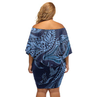 Hawaiian Manta Ray and Polynesian Tribal Tattoo Off Shoulder Short Dress Dark Navy Color LT03 - Polynesian Pride