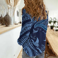 Hawaiian Manta Ray and Polynesian Tribal Tattoo Women Casual Shirt Dark Navy Color LT03 - Polynesian Pride