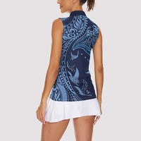 Hawaiian Manta Ray and Polynesian Tribal Tattoo Women Sleeveless Polo Shirt Dark Navy Color LT03 - Polynesian Pride
