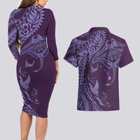 Hawaiian Manta Ray and Polynesian Tribal Tattoo Couples Matching Long Sleeve Bodycon Dress and Hawaiian Shirt Purple Color LT03 - Polynesian Pride