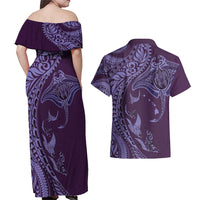 Hawaiian Manta Ray and Polynesian Tribal Tattoo Couples Matching Off Shoulder Maxi Dress and Hawaiian Shirt Purple Color LT03 - Polynesian Pride