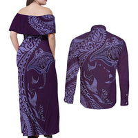 Hawaiian Manta Ray and Polynesian Tribal Tattoo Couples Matching Off Shoulder Maxi Dress and Long Sleeve Button Shirt Purple Color LT03