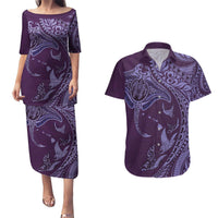 Hawaiian Manta Ray and Polynesian Tribal Tattoo Couples Matching Puletasi and Hawaiian Shirt Purple Color LT03 Purple - Polynesian Pride