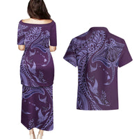 Hawaiian Manta Ray and Polynesian Tribal Tattoo Couples Matching Puletasi and Hawaiian Shirt Purple Color LT03 - Polynesian Pride