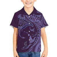 Hawaiian Manta Ray and Polynesian Tribal Tattoo Family Matching Long Sleeve Bodycon Dress and Hawaiian Shirt Purple Color LT03