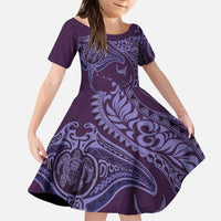Hawaiian Manta Ray and Polynesian Tribal Tattoo Family Matching Puletasi and Hawaiian Shirt Purple Color LT03 Daughter's Dress Purple - Polynesian Pride