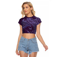 Hawaiian Manta Ray and Polynesian Tribal Tattoo Raglan Cropped T Shirt Purple Color LT03 Female Purple - Polynesian Pride