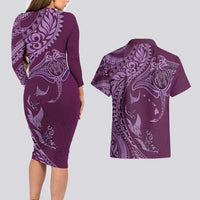 Hawaiian Manta Ray and Polynesian Tribal Tattoo Couples Matching Long Sleeve Bodycon Dress and Hawaiian Shirt Pink Color LT03 - Polynesian Pride